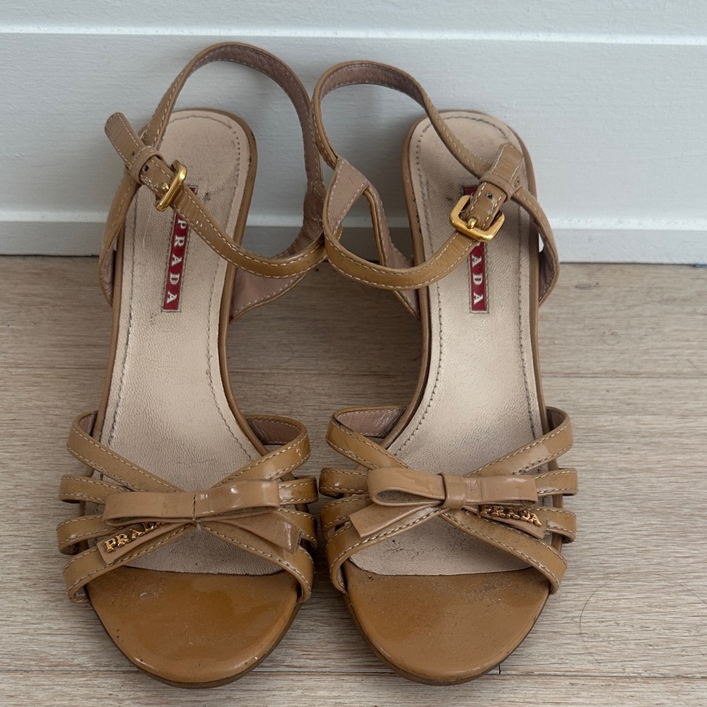 Prada Nude Patent Leather Wedge Sandals